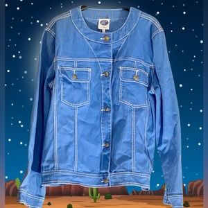 DG2 Diane Gilman L Blue Jacket White Topstitch denim Twill Fall Autumn